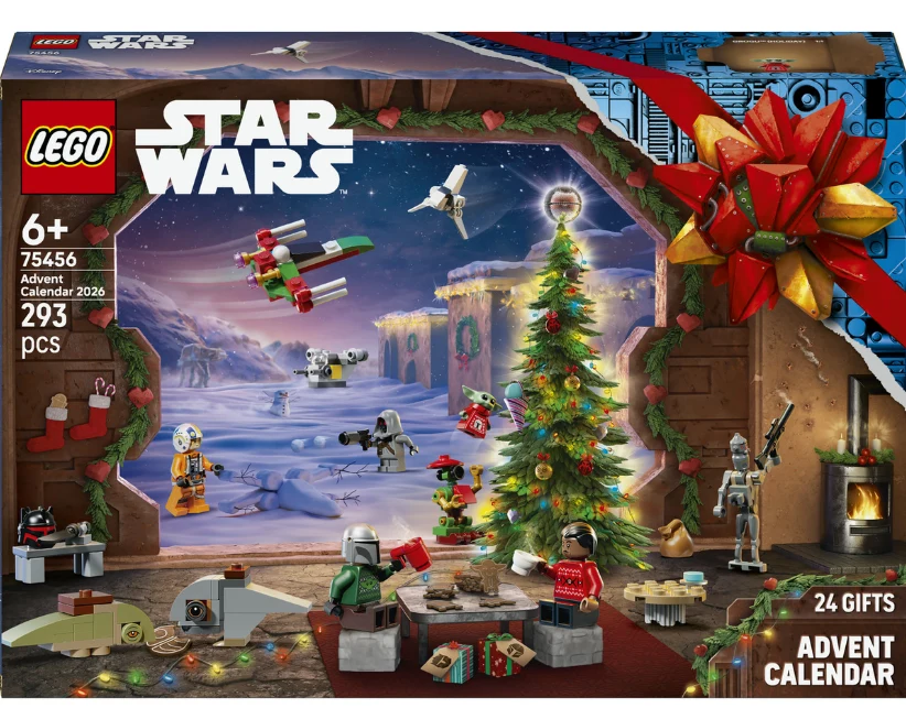 Zestaw klocków LEGO Star Wars z motywem kalendarza adwentowego, figurki postaci z uniwersum Star Wars wokół świątecznej choinki, liczne miniaturowe modele statków kosmicznych oraz dekoracje nawiązujące do świąt Bożego Narodzenia.