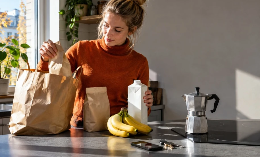 Dino Teraz taniej – zakupy i kawa Kobieta rozpakowuje w kuchni zakupy z kawą, bananami i mlekiem, obok stoi kawiarka