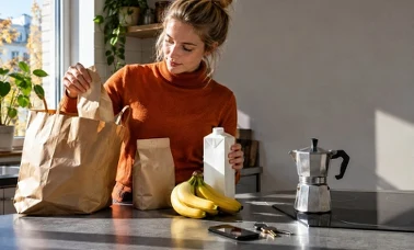 Kobieta rozpakowuje w kuchni zakupy z kawą, bananami i mlekiem, obok stoi kawiarka