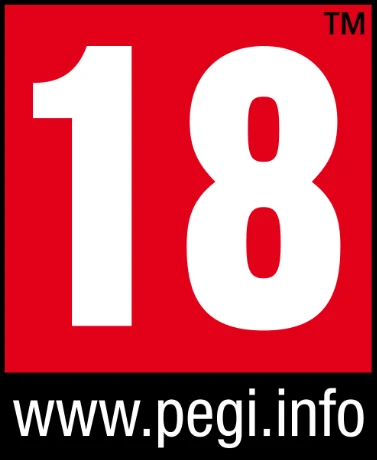 Czerwony kwadrat z dużą białą liczbą 18, oznaczający kategorię wiekową, oraz adresem strony internetowej www.pegi.info u dołu.