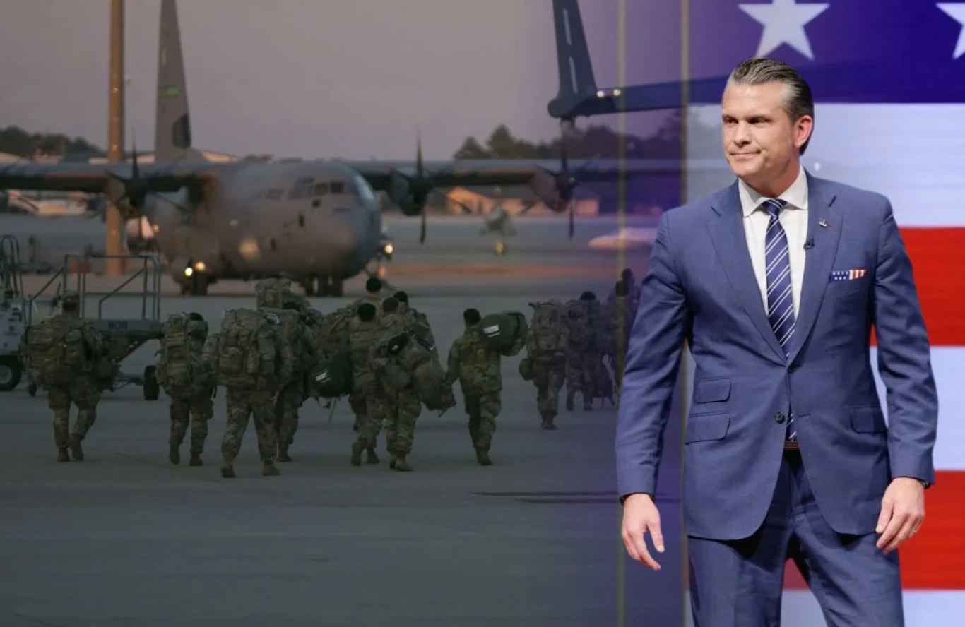 Szef Pentagonu Pete Hegseth zapowiada powrót do USA dziesiątek tysięcy żołnierzy z zagranicy Żołnierze USA idący w stronę samolotów, obok Pete Hegseth