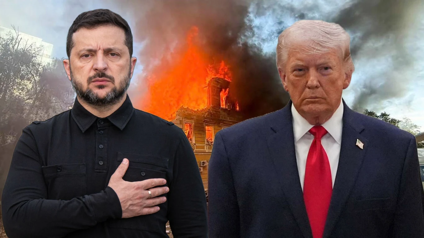 Ukraina apeluje do USA o sankcje na rosyjski system satelitarny Rassvet Zełenski i Trump, w tle płonący budynek z widocznym dymem z okien.