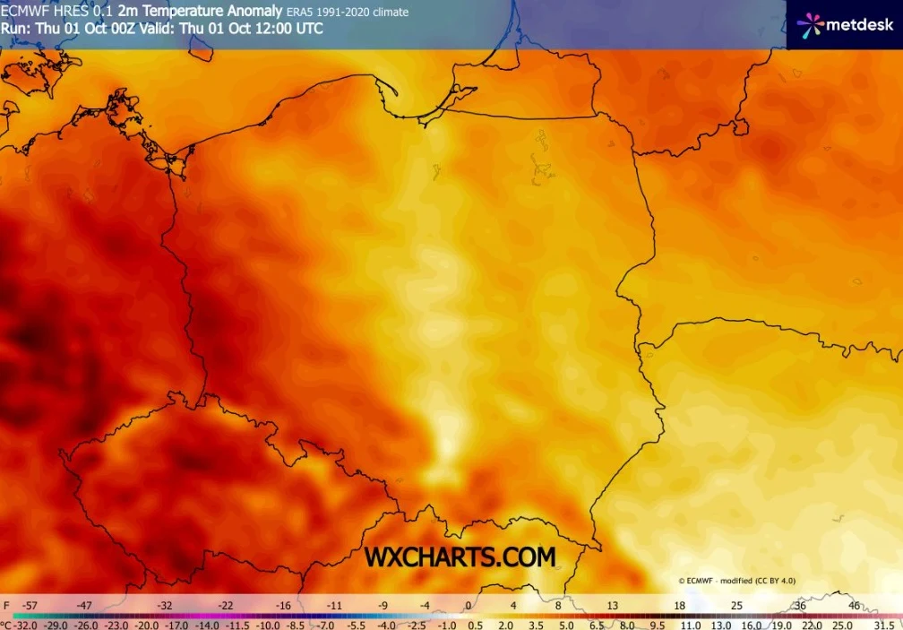 Mapa anomalii temperatury dla Polski i krajów ościennych z wyraźnymi różnicami kolorystycznymi, ukazująca znacznie podwyższone temperatury na zachodzie i południu kraju.