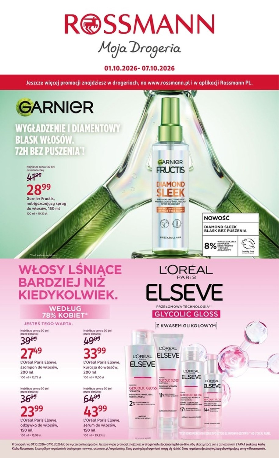 Okładka gazetki Rossmanna 1–7.10 ze sprayem Garnier Fructis za 28,99 zł