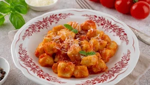 Przepyszne włoskie gnocchi alla sorrentina. Proste do zrobienia ziemniaczane kluchy w aksamitnym pomidorowym sosie