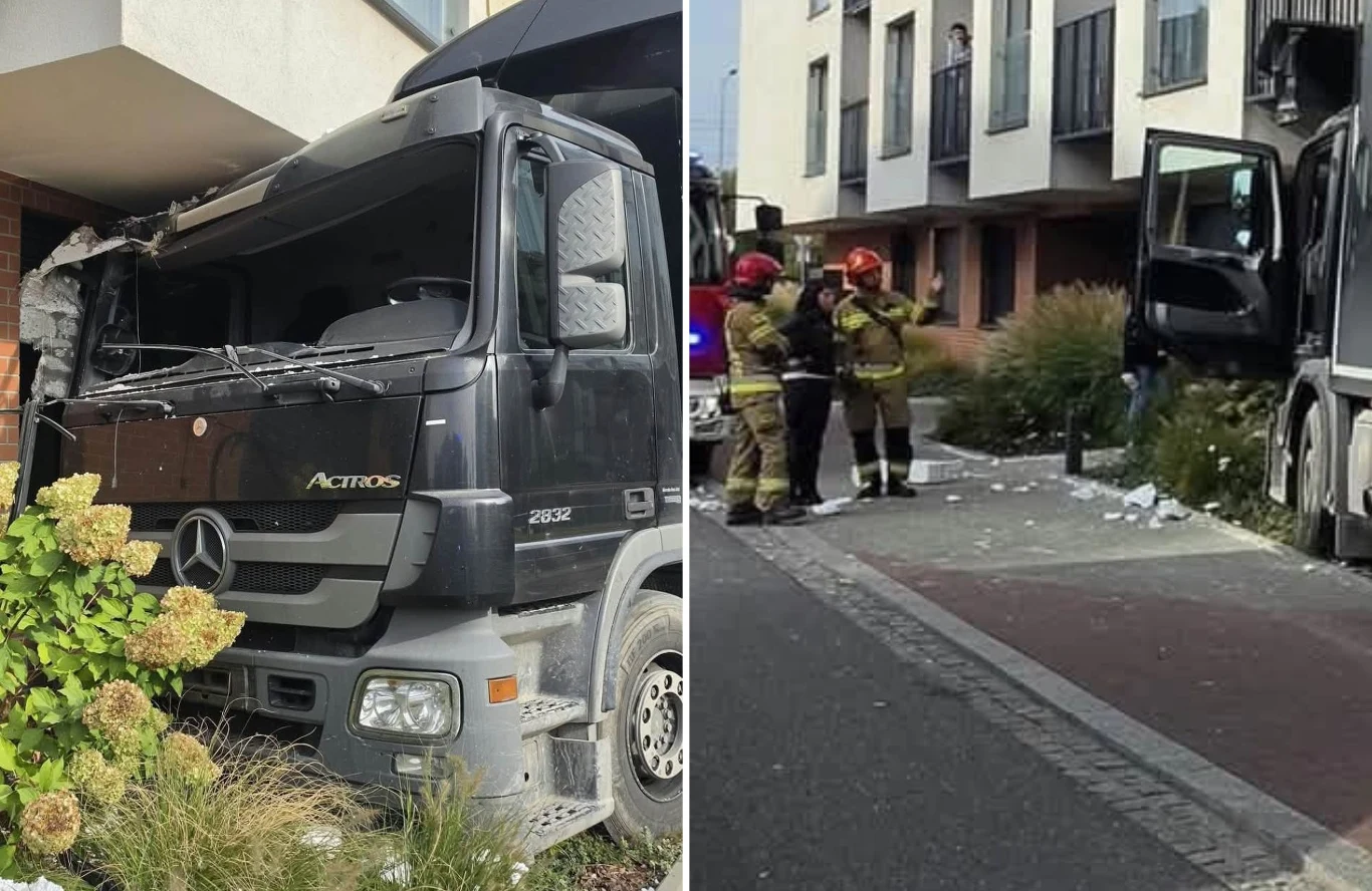 Ciężarówka uderzyła w blok przy ulicy Klimeckiego w Krakowie Ciężarówka uderzyła w blok przy ulicy Klimeckiego, strażacy zabezpieczają miejsce.