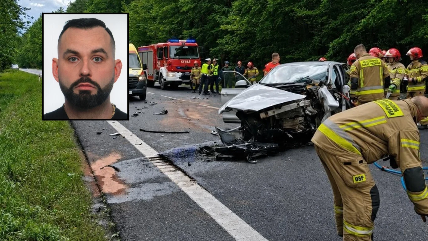 Kamil Bocheński poszukiwany listem gończym Zniszczony samochód otoczony strażakami, w tle służby ratunkowe i zdjęcie poszukiwanego Kamila Bocheńskiego.