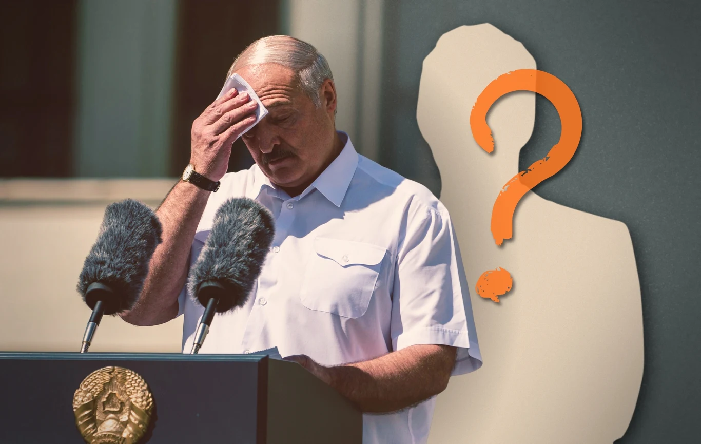 Alaksandr Łukaszenka chce rządzić Białorusią dożywotnio. Co stanie się z reżimem, kiedy umrze? Alaksandr Łukaszenka wyciera czoło przy mównicy z herbem; obok sylwetka ze znakiem zapytania.