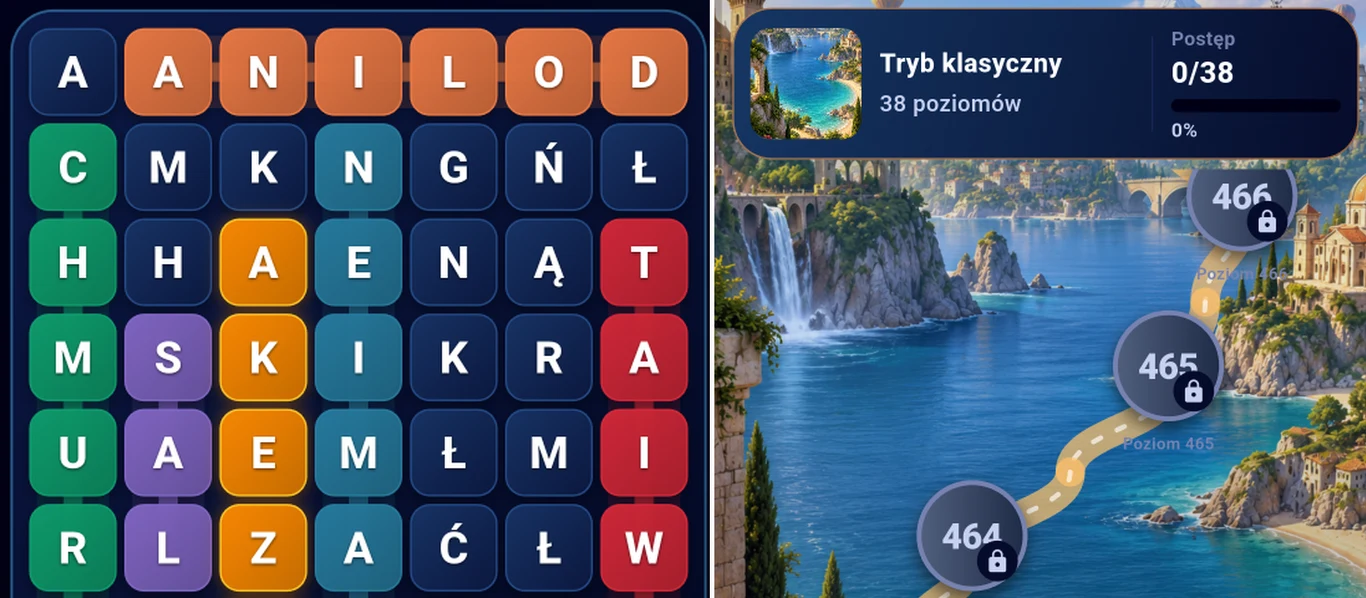 8 Way Zrzut ekranu z 8 Way – plansza z literami po lewej, mapa poziomów klasycznych po prawej nad wodospadem.