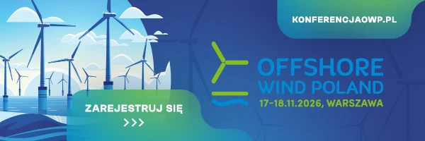 Ilustracja z turbinami wiatrowymi na morzu, kolorowa grafika promująca konferencję Offshore Wind Poland 2026 w Warszawie, zawierająca datę wydarzenia oraz przycisk z napisem zachęcającym do rejestracji.