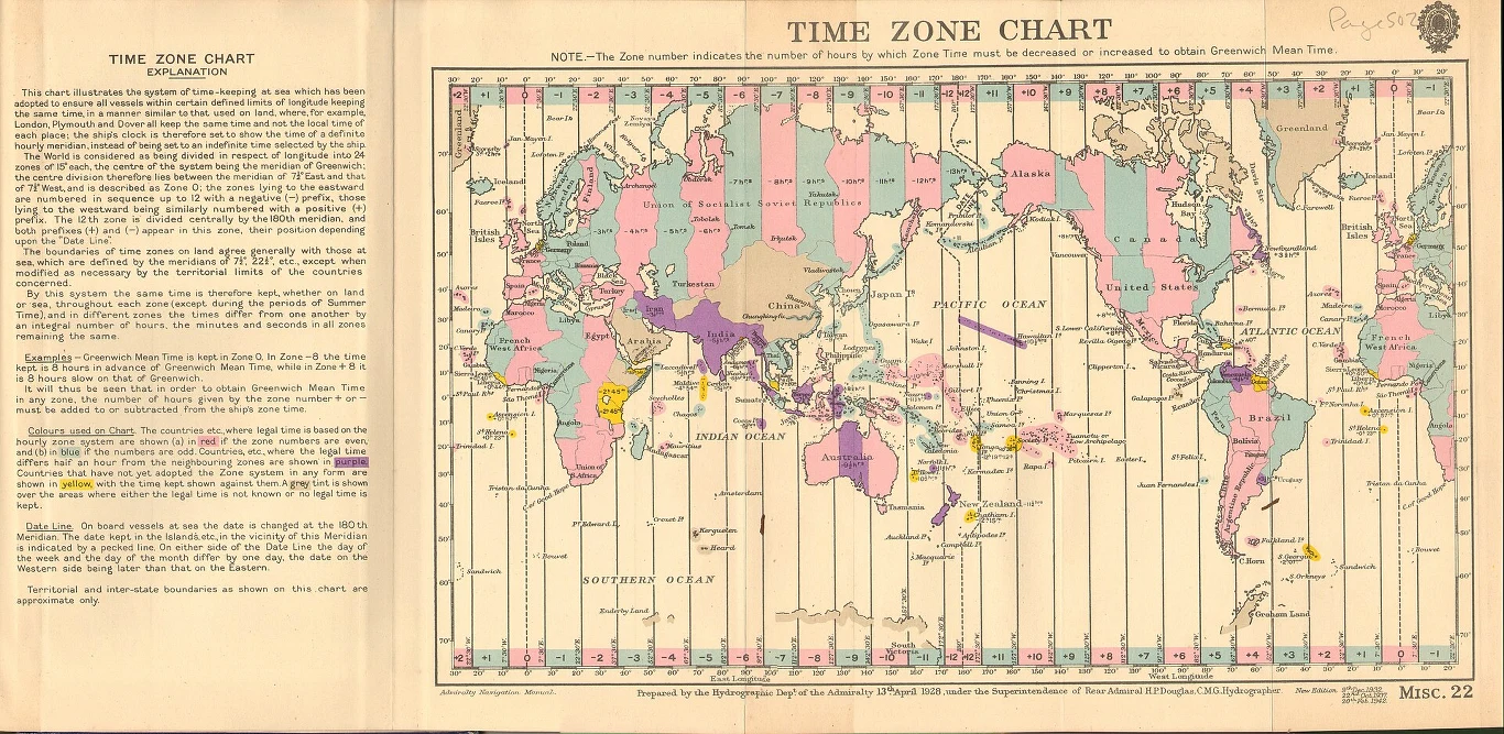 Kolorowa mapa świata z naniesionymi strefami czasowymi, ilustrująca podział kontynentów i oceanów według godzin przesunięcia czasowego względem Greenwich, opisana po angielsku z czytelną legendą oraz wyjaśnieniami po lewej stronie.