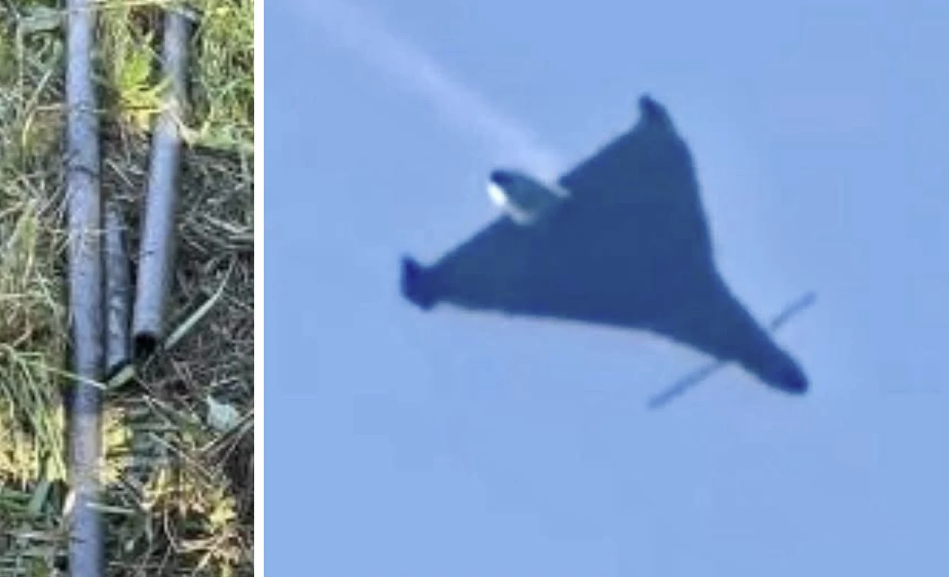 Shahedy z "wąsami" polują na infrastrukturę energetyczną. Ukraina ujawnia, jak działa nowa modyfikacja Dwie metalowe pręty leżące na trawie i dron Shahed o trójkątnym kształcie na niebie.