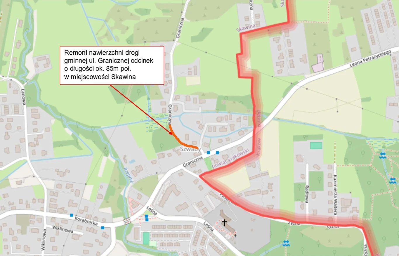 Odcinek ulicy Granicznej, na którym pojawią się utrudnienia. Mapa fragmentu miejscowości Skawina z zaznaczonym na czerwono odcinkiem ul. Granicznej przeznaczonym do remontu, opisana lokalizacja i długość modernizowanego odcinka drogi.