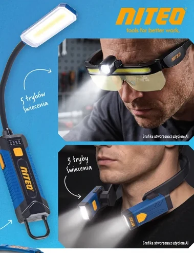 Lampki za 29,99 zł Latarka LED Niteo z elastycznym ramieniem, okulary ochronne z zamontowaną lampką czołową oraz lampy noszone na szyi, prezentujące różne tryby świecenia.