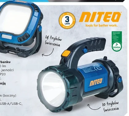 Latarki za 49,99 zł Dwa modele przenośnych lamp LED marki Niteo w niebiesko-czarnej obudowie; jedna wyposażona w wygodny uchwyt, druga w formie reflektora do postawienia, oba urządzenia mają oznaczenie liczby trybów świecenia i wyraźne logo producenta.