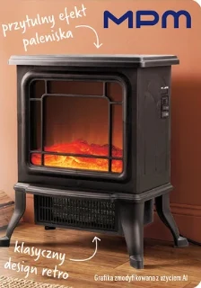 Kominek elektryczny za 169 zł Elektryczny kominek wolnostojący w stylu retro, z efektem paleniska oraz eleganckimi, ozdobnymi nóżkami.