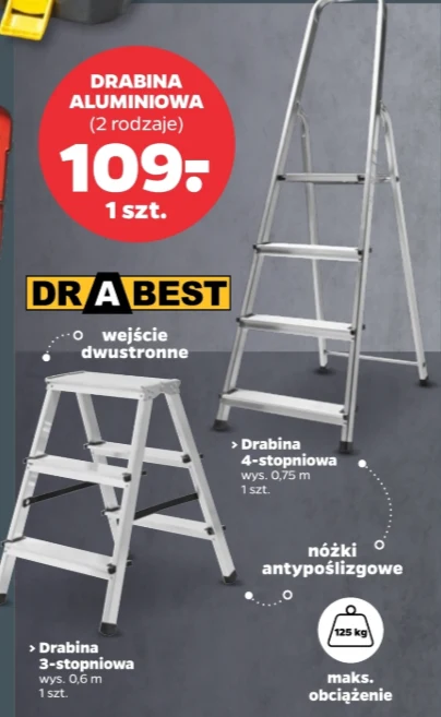 Aluminiowe drabiny wolnostojące o trzech i czterech stopniach, wyposażone w dwustronne wejście, antypoślizgowe nóżki oraz maksymalne obciążenie do 125 kg.