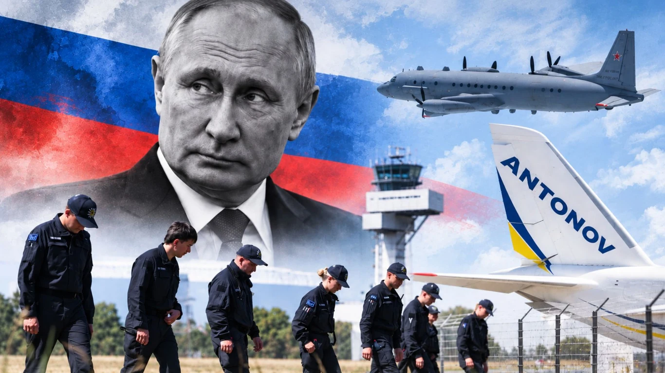 Rosyjski trop w sprawie sabotażów w Europie, grafika ilustracyjna - Gemini Władimir Putin na tle rosyjskiej flagi, samolotów i funkcjonariuszy prowadzących działania na terenie lotniska.