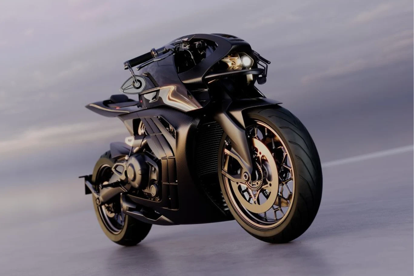 Czarny motocykl sportowy o nowoczesnej, aerodynamicznej sylwetce z masywnym przodem, szerokimi oponami i wyrazistymi reflektorami, ustawiony pod kątem na jasnym tle.