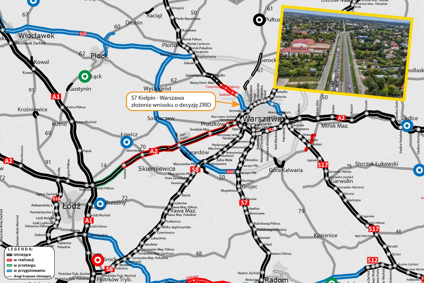 Nowy fragment S7 będzie przebiegał przez tereny mocno zurbanizowane Mapa okolic Warszawy z zaznaczonym przebiegiem S7 i zdjęciem lotniczym dwupasmowej drogi wśród zabudowy i zieleni.