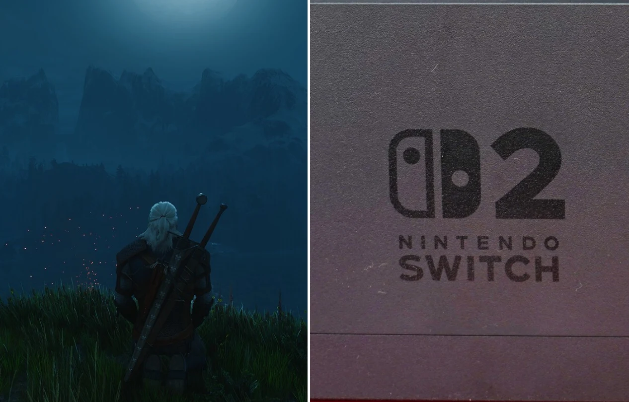 Wiedźmin 3 - Remastered na Switchu 2 za darmo? Postać z dwoma mieczami na tle nocnego krajobrazu, z logo Nintendo Switch 2 na szarym tle.