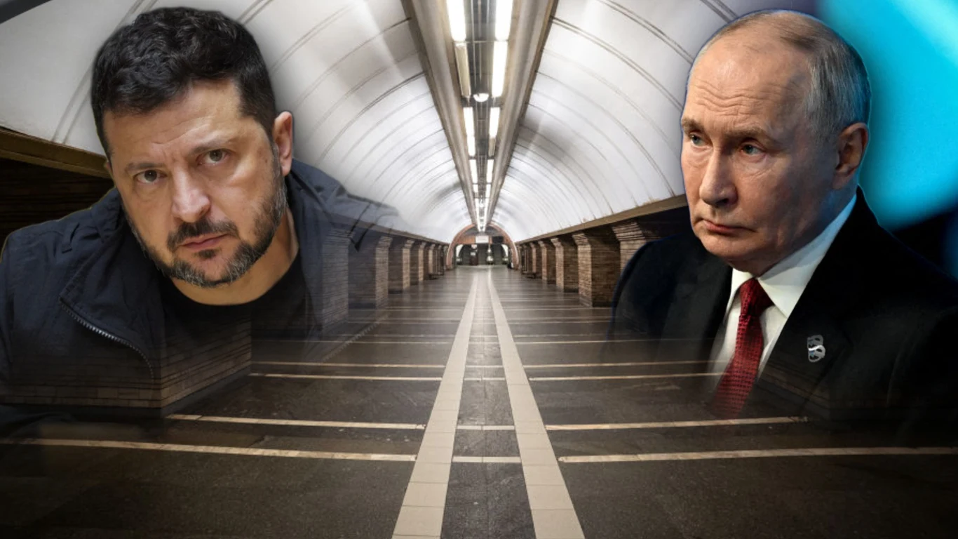 Wołodymyr Zełenski i Władimir Putin. Kolaż ilustracyjny Wołodymyr Zełenski i Władimir Putin na kolażu z tunelem metra pomiędzy nimi, portrety w garniturach.