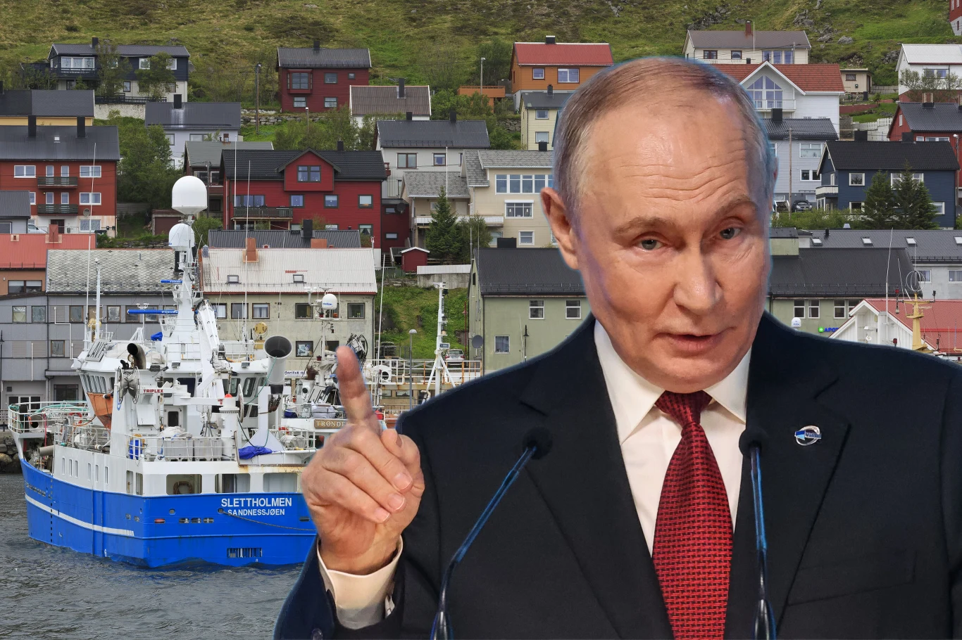 Norwegia ostrzega przed działaniami Rosji Na pierwszym planie Władimir Putin, w tle norweskie miasto Honningsvag.