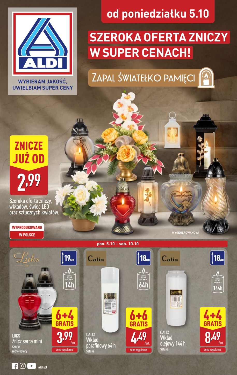 Wkłady do zniczy Calix 144 h w promocji 4+4 i 64 h w promocji 6+6 w gazetce Aldi od 5 do 10 października