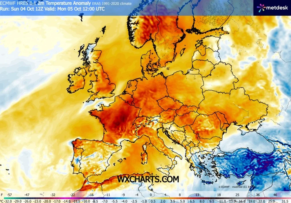 Poniedziałek będzie spokojny i ciepły, choć temperatury będą nieco niższe niż w niedzielę Mapa Europy z kolorystycznym zaznaczeniem anomalii temperatury, z wyraźnie podwyższonymi wartościami w centralnej i zachodniej części kontynentu oraz ochłodzeniem na wschodzie i południowym wschodzie.