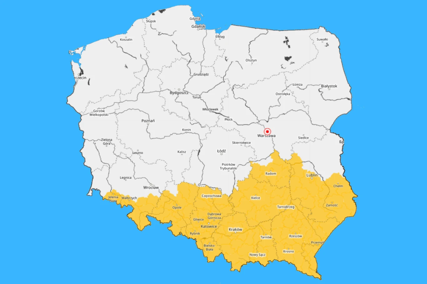 Mapa Polski z zaznaczonymi na żółto południowymi województwami, podczas gdy reszta kraju pozostaje biała; Warszawa oznaczona czerwoną kropką.