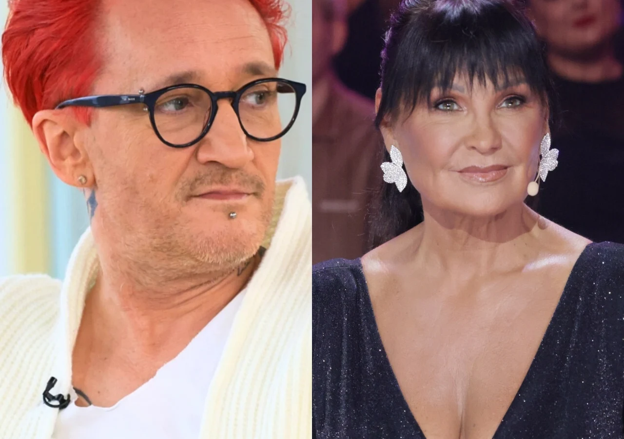 Michał Wiśniewski, Iwona Pavlović Michał Wiśniewski w białym T-shircie i kremowym cardiganie oraz Iwona Pavlović w połyskującej sukience z dekoltem i srebrną biżuterią na zestawieniu zdjęć.
