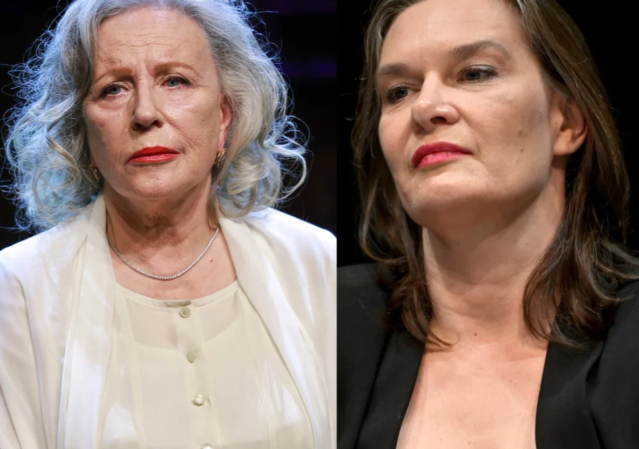 Krystyna Janda, Maria Seweryn Krystyna Janda i Maria Seweryn w marynarkach podczas na tle neutralnego tła.