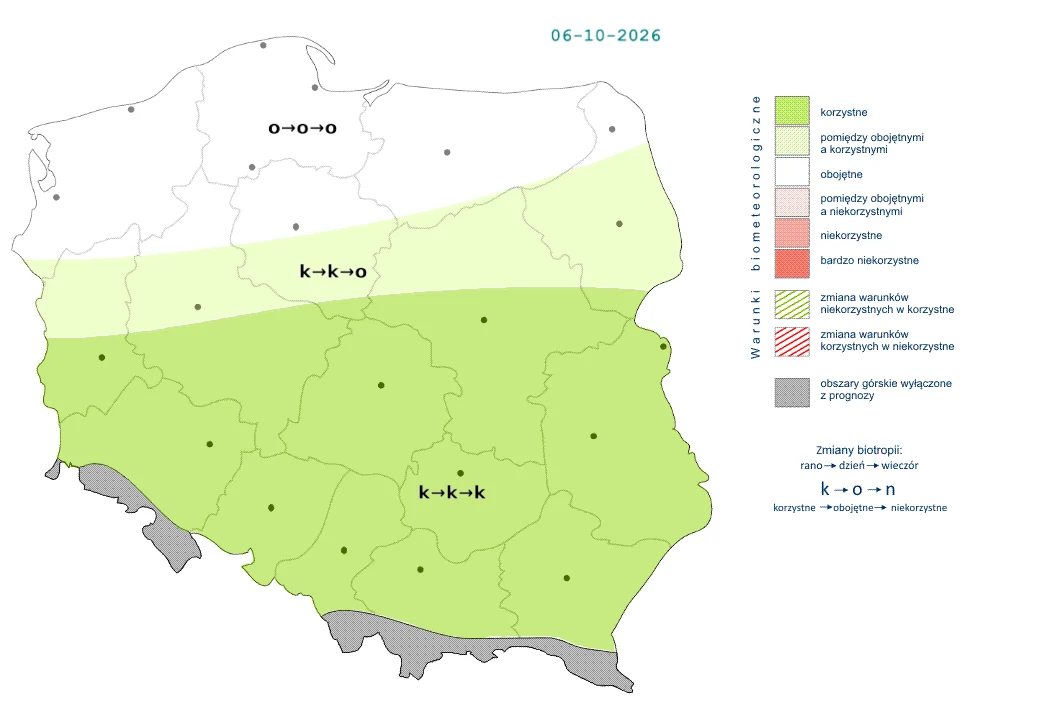 W zdecydowanej większości Polski warunki będą korzystne przez praktycznie cały wtorek Mapa biometeorologiczna Polski z prognozą na 6 października 2026, przedstawiająca podział kraju na strefy korzystnych i niekorzystnych warunków biometeorologicznych, z przewagą korzystnych warunków w centralnej i południowej części oraz oznaczeniami zm...