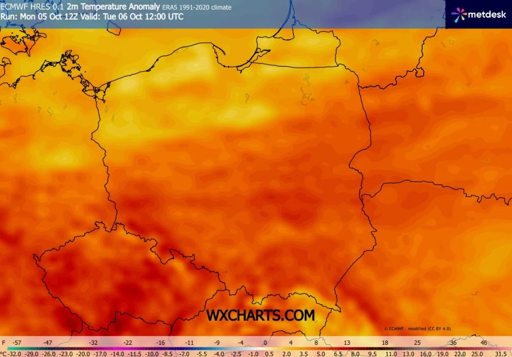 We wtorek temperatury będą wysokie jak na październik, zwłaszcza w centrum i na południu Mapa Polski przedstawiająca anomalię temperatury powietrza w stopniach Celsjusza względem średniej z lat 1991-2020, z przewagą wyższych wartości na niemal całym obszarze kraju, szczególnie w południowej i południowo-zachodniej części.