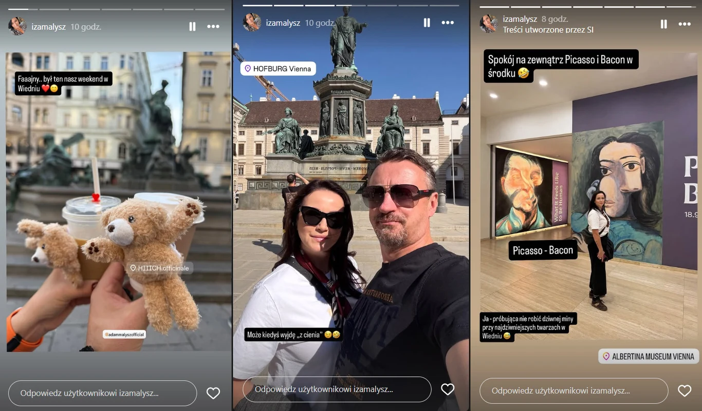 Małyszowie korzystają z nowego życia Adama /https://www.instagram.com/izamalysz/ Pluszowy miś i kawa trzymane w dłoni na tle miejskiej fontanny, para uśmiechniętych osób pozująca przed zabytkowym pomnikiem w centrum miasta, kobieta stojąca w galerii sztuki obok obrazu i plakatu wystawy Picasso – Bacon.
