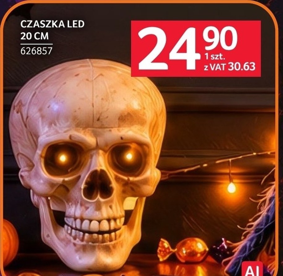 Czaszka LED 20 cm za 24,90 zł bez VAT i 30,63 zł z VAT w halloweenowej gazetce Selgrosa