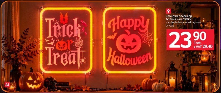Neonowa dekoracja ścienna Halloween w dwóch wzorach, Trick or Treat i Happy Halloween, w gazetce Selgrosa