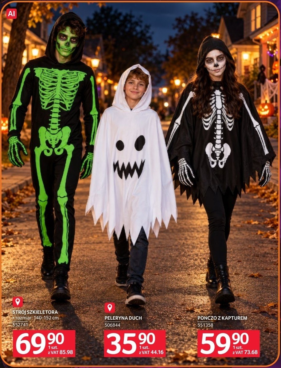 Strój szkieletora, peleryna duch i ponczo z kapturem w halloweenowej gazetce Selgrosa