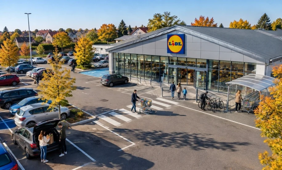 Tania sobota w Lidlu 3.10 Klienci z zakupami na parkingu przed sklepem Lidl w słoneczne jesienne przedpołudnie