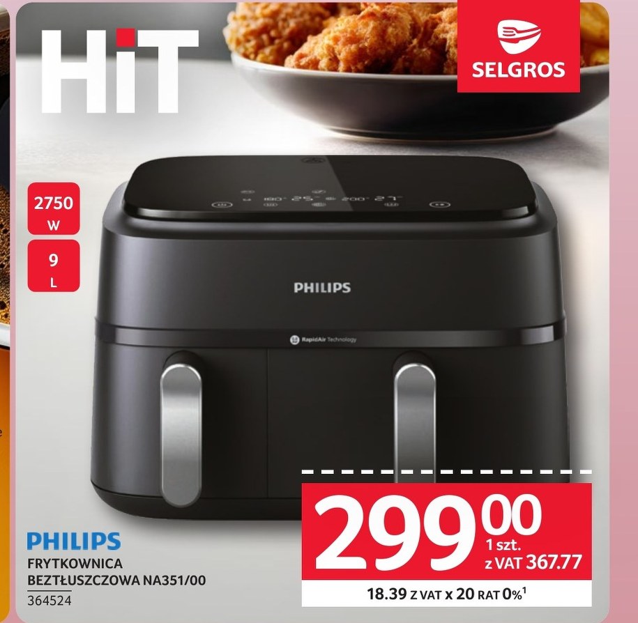 Frytkownica beztłuszczowa Philips NA351/00 z dwoma koszami obok siebie w gazetce Selgros