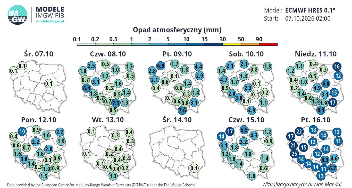 Najbliższe dni będą pochmurne i deszczowe. Po krótkiej przerwie opady wrócą z jeszcze większą intensywnością Seria map Polski z prognozą sumy opadów atmosferycznych w milimetrach dla poszczególnych dni października, ukazująca głównie niskie wartości opadów z wyjątkiem piątku 16 października, kiedy na całym obszarze prognozowane są intensywne opady, szczególni...