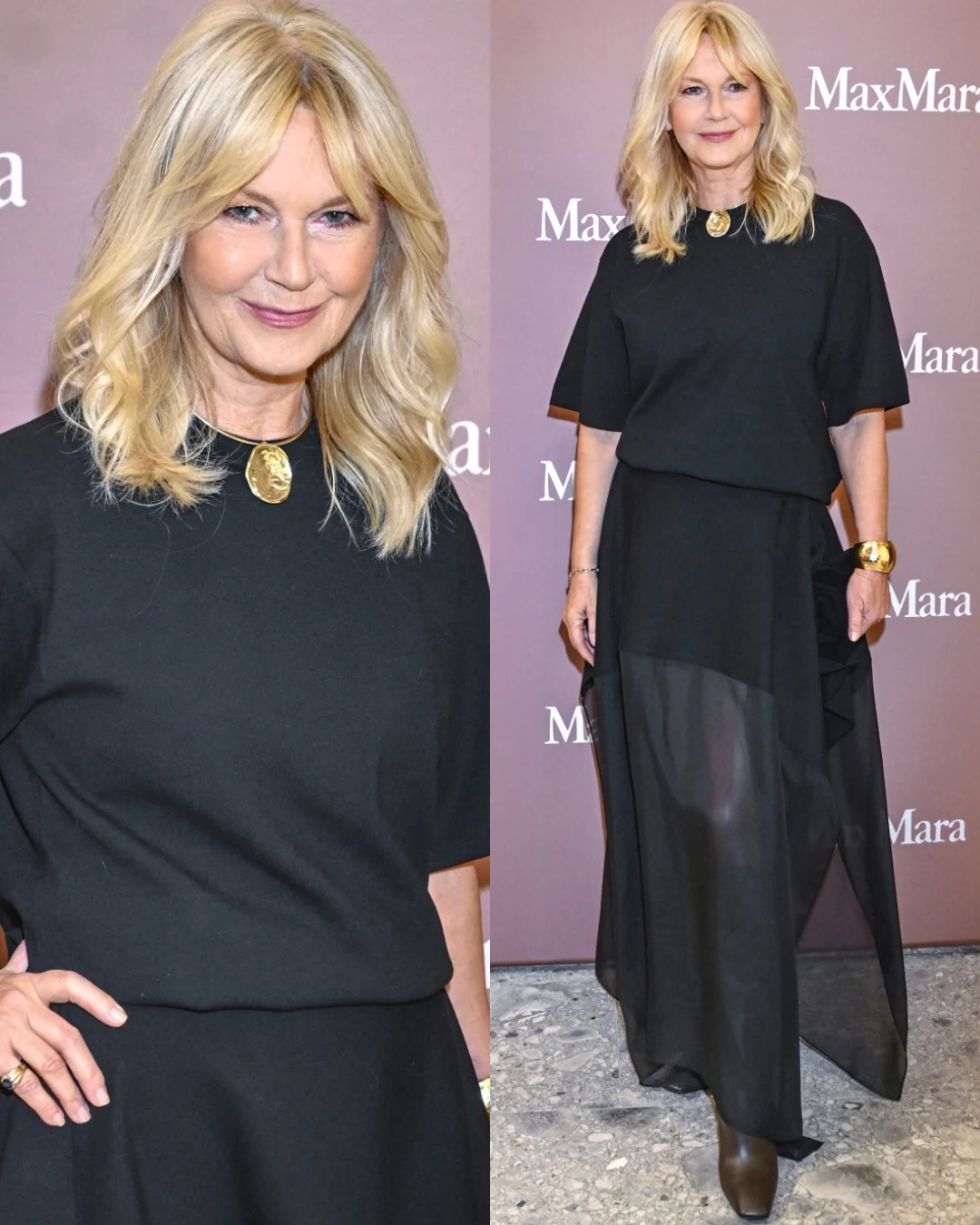Grażyna Torbicka Kobieta w czarnej sukience z półprzezroczystym dołem, nosząca złoty naszyjnik i bransoletkę, na tle ścianki z logo MaxMara.