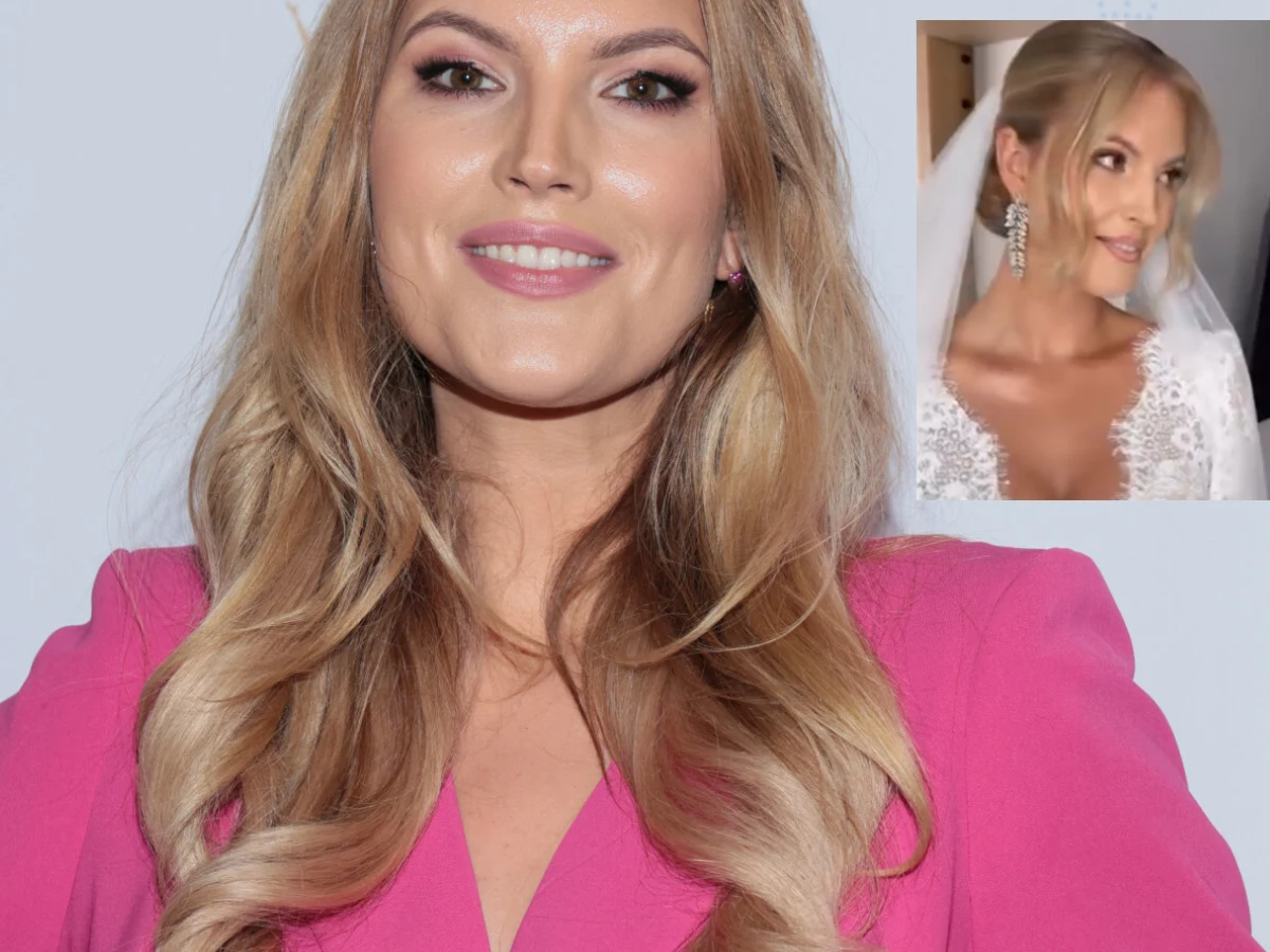 Krystyna Sokołowska stanęła na ślubnym kobiercu Kobieta o długich blond włosach i delikatnym makijażu ubrana w różową marynarkę, w prawym górnym rogu widoczne jej zbliżenie w białej sukni ślubnej ze zdobionym dekoltem i welonem.