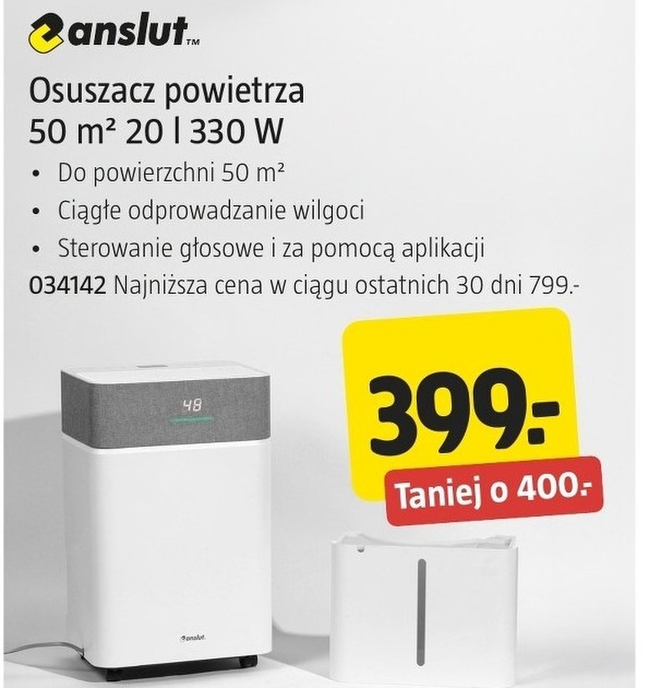 Osuszacz powietrza Anslut 50 m² 20 l 330 W za 399 zł w gazetce Jula, zbiornik i panel z odczytem wilgotności