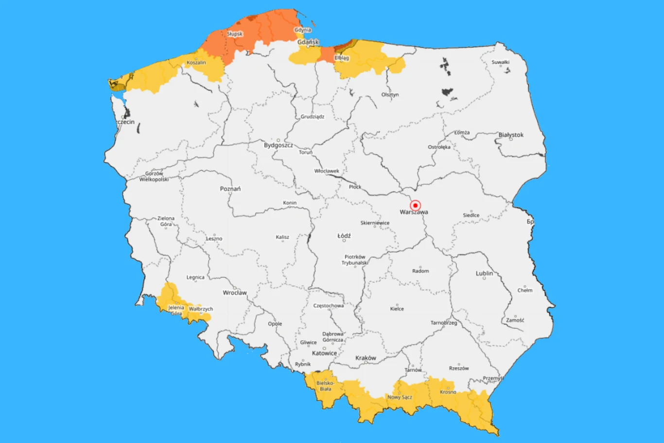 Na Pomorzu i części Pomorza Zachodniego obowiązują pomarańczowe alerty IMGW w związku z wichurami Mapa Polski z zaznaczonymi na pomarańczowo i żółto wybrzeżem Bałtyku oraz fragmentami południowej i zachodniej granicy, na tle niebieskiego koloru symbolizującego tło.