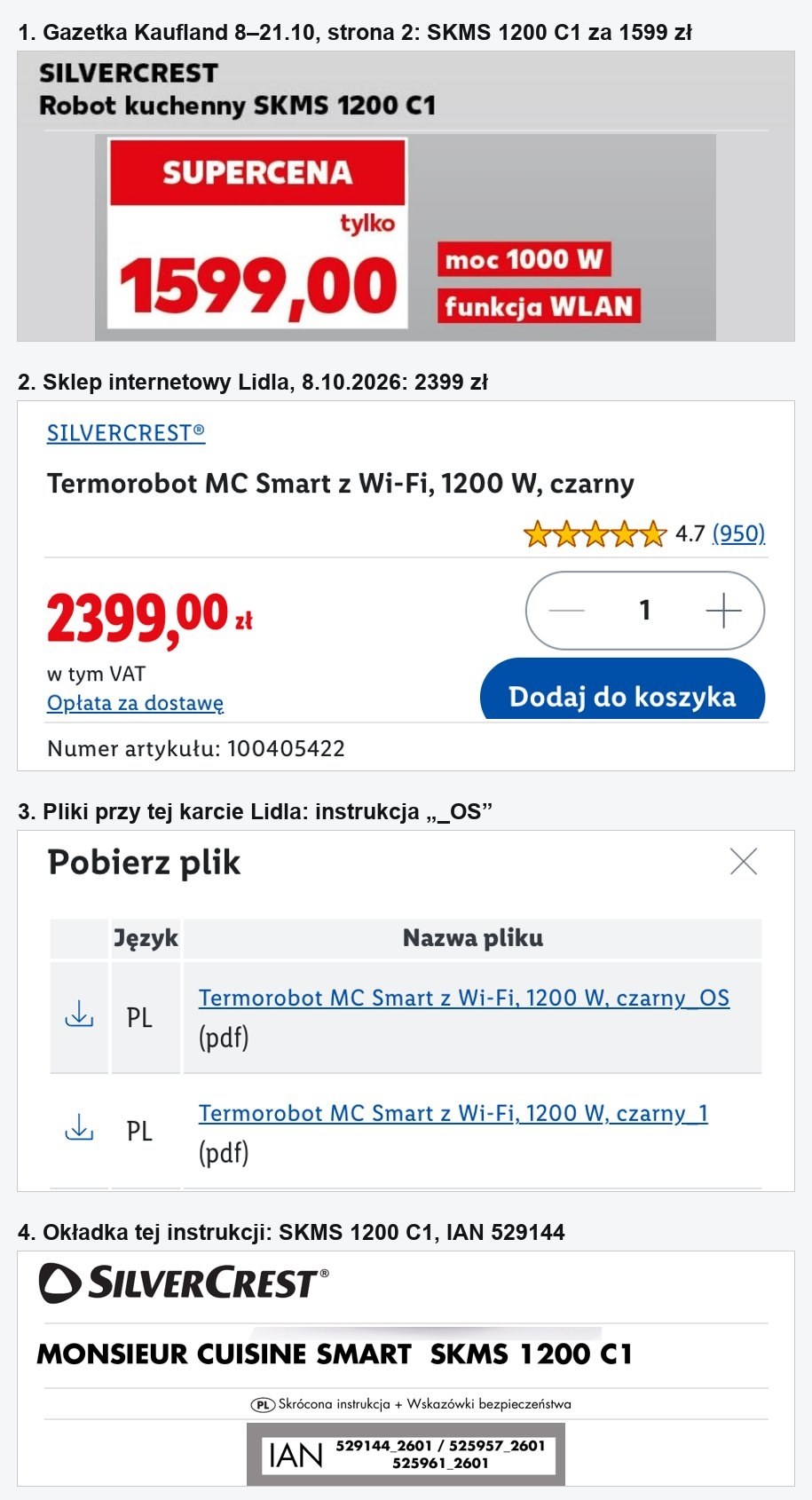 Zestawienie: robot SKMS 1200 C1 za 1599 zł w gazetce Kaufland i za 2399 zł na lidl.pl z instrukcją tego modelu