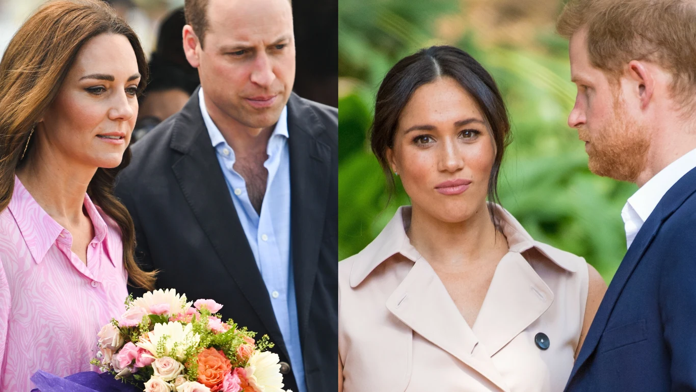 Księżna Kate, książę William, Meghan Markle i książę Harry Księżna Kate, książę William, Meghan Markle oraz książę Harry stojący osobno podczas publicznego wystąpienia.