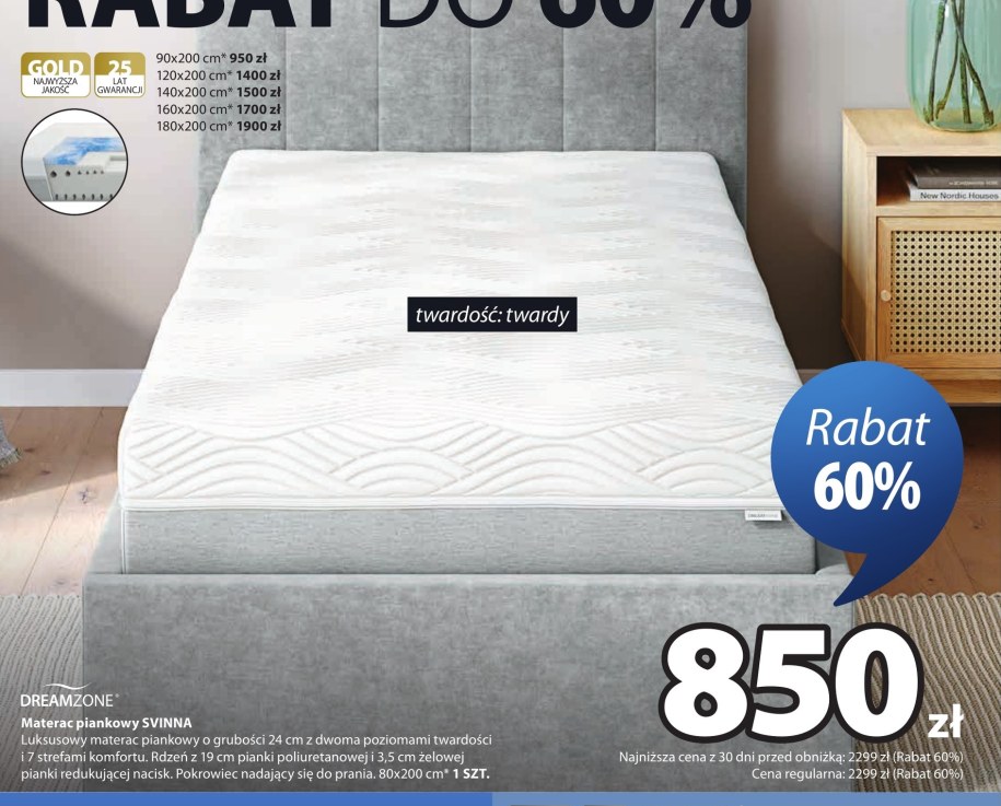 Materac piankowy SVINNA 80 × 200 cm za 850 zł zamiast 2299 zł w gazetce Jysk 7–25 października