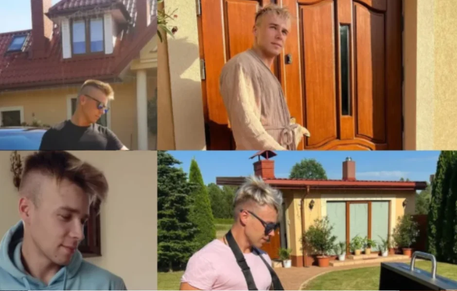 Dom Skolima Młody mężczyzna z jasnymi włosami w różnych sytuacjach na tle domu jednorodzinnego – w ogrodzie, przed drzwiami wejściowymi oraz wewnątrz budynku.