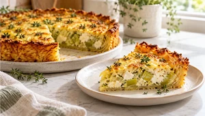 Tarta ziemniaczana z duszonym porem, twarogiem i tymiankiem
